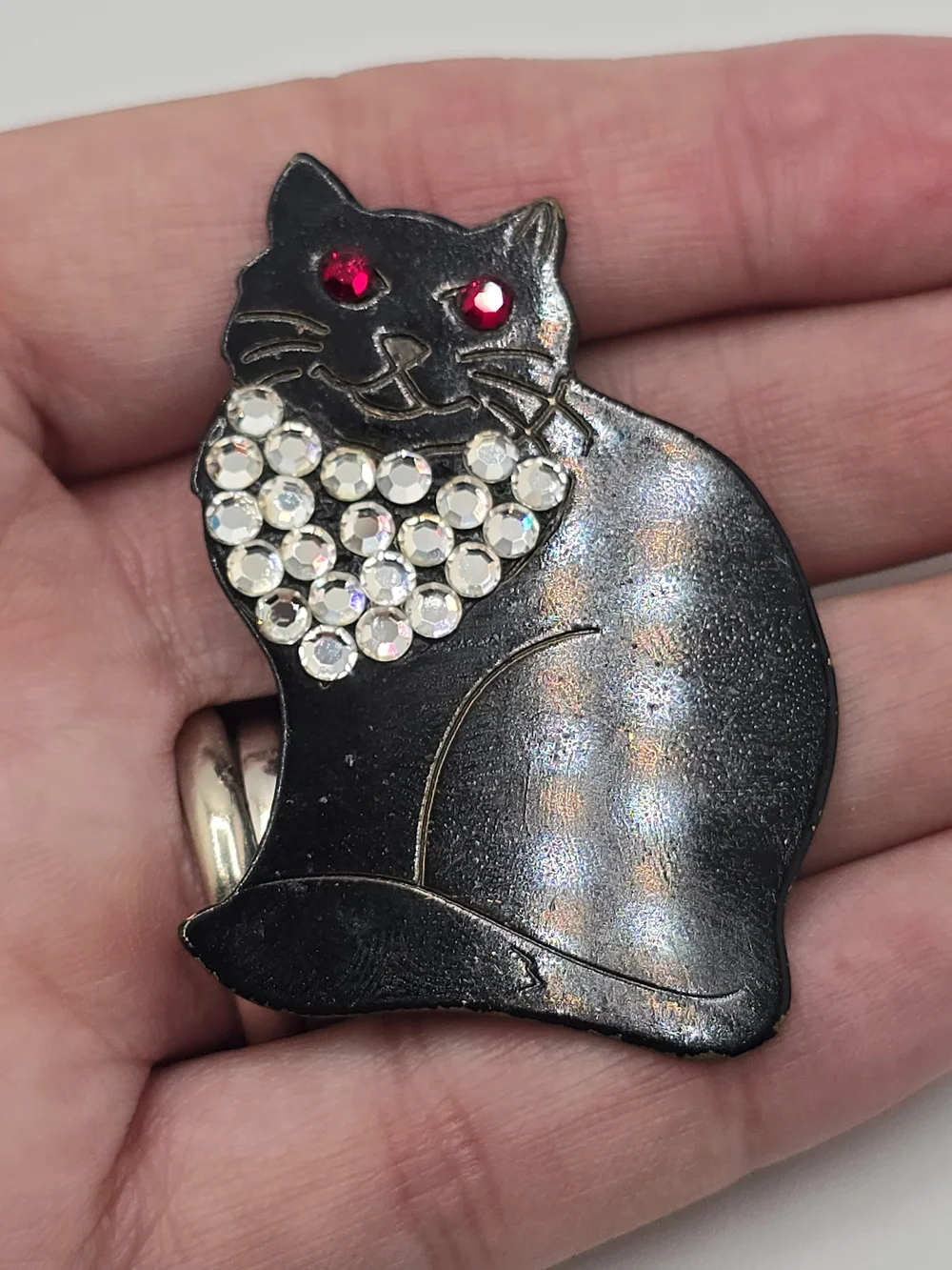 Vintage Black Cat Brooch Rhinestone Collar Red Eyes Solid Brass Kitty 1-7/8